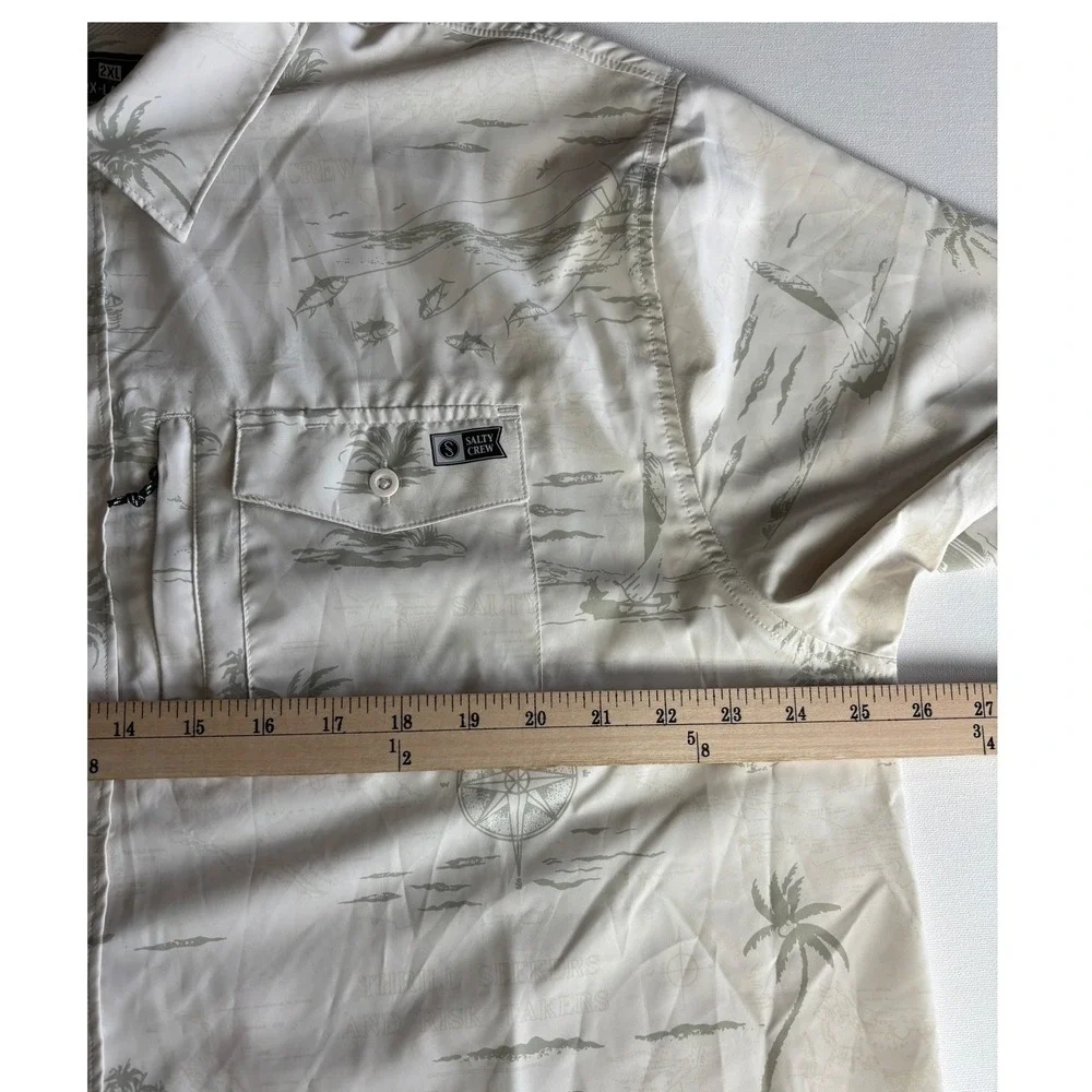 Salty Crew Mens 2XL Short Sleeve Fishing Shirt Beige Tropical Nautical Print - Picture 7 of 9